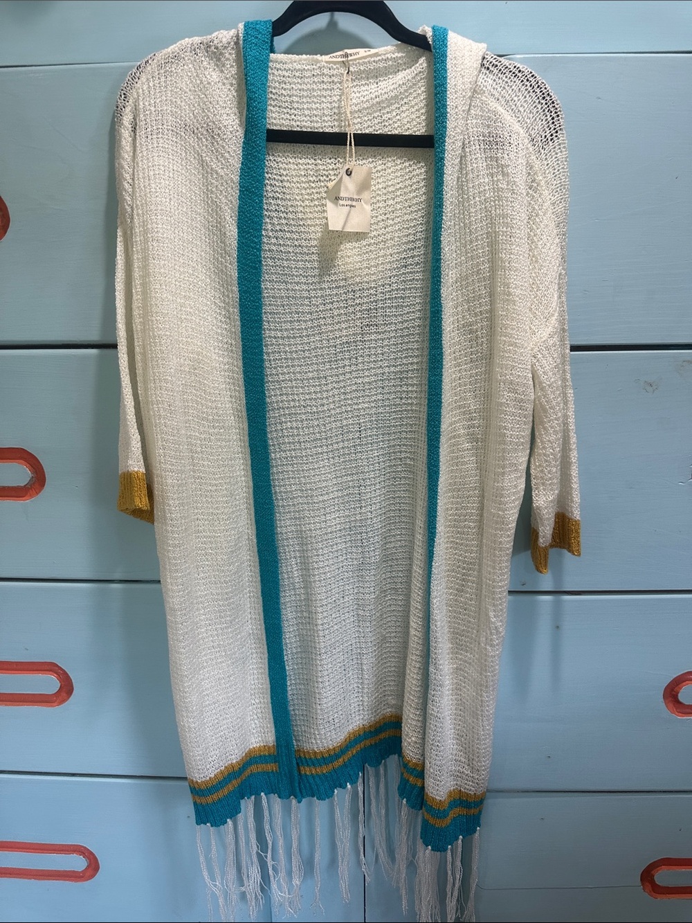 White Knit Swim Coverup with Teal Trim and Gold Accents